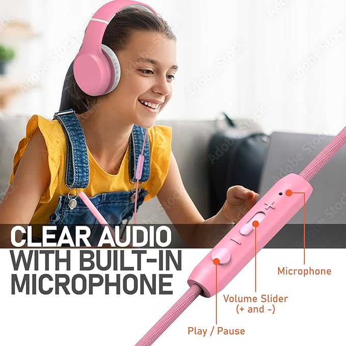 FosPower Kids Headphones with 3.5mm Laced Cables, Children & Teens Over The Ear Foldable Adjustable Headset w/Built-in Mic for Smartphones/PC/Tablet/Laptop/School (Max Volume 85dB) – Pink/White