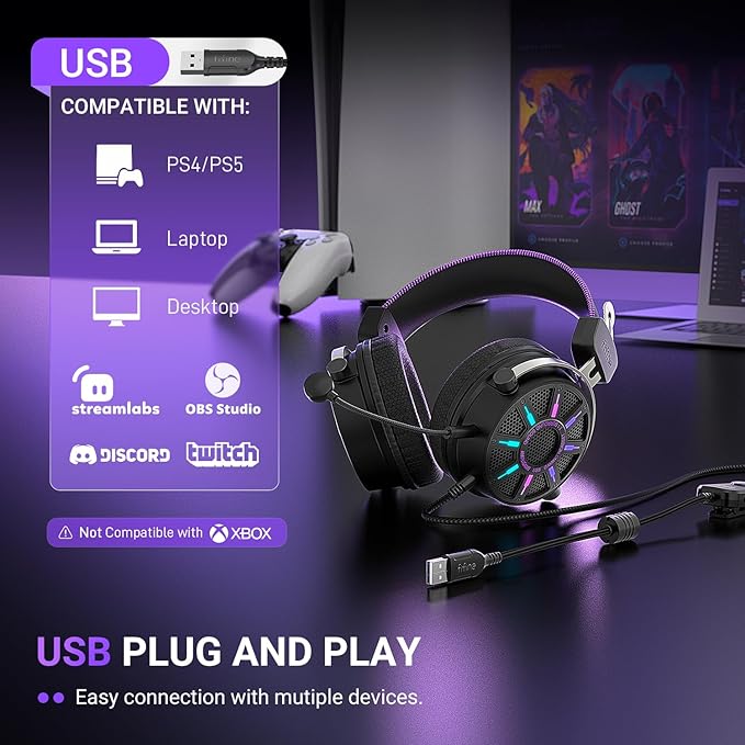 FIFINE Wired Open Back Gaming Headset, Open Acoustic Audio,Customizable RGB,USB in-Line Control, 7.1 Surround Sound, Over-Ear Gamer Headphone with Detachable Mic for PC PS5/PS4, Laptop, Mac - H19BP