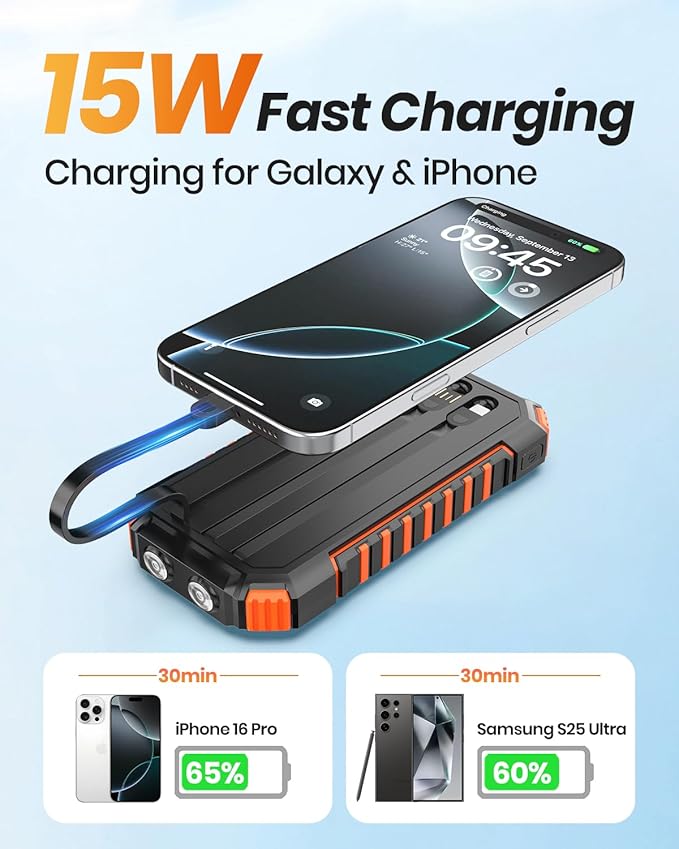 FEELLE Solar Charger for Outdoor: 27000mAh Power Bank with Built-in Cables - 15W Fast Charging Portable Charger with 2 Flashlights for iPhone Android -External Battery Pack for Camping Emergency