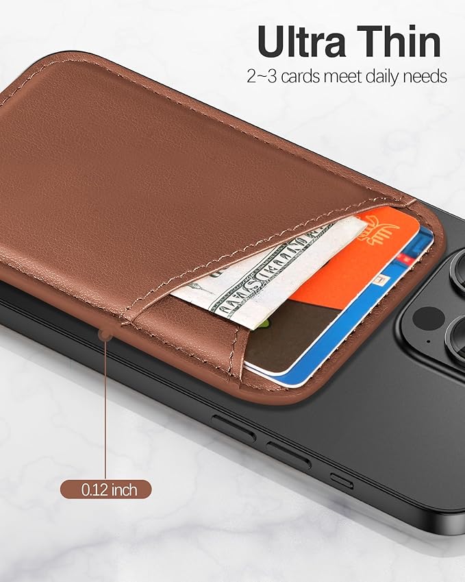 Miroddi for MagSafe Wallet, Magnetic Wallet Card Holder for iPhone 16/15/14/13/12 Series, 0.12" Invisible Ultra-Thin Magnetic Phone Wallet, 2 Independent Card Slot, Vegan Leather, Brown