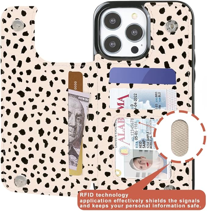 uCOLOR Compatible with iPhone 14 Pro 6.1 Inch Wallet Case with Card Holder Folio Flip PU Leather Kickstand Card Slots Case Double Magnetic Clasp and RFID Blocking Cover (Almond Latte Polka Dot)