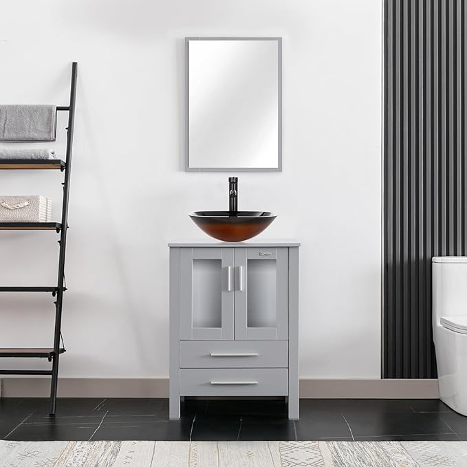 eclife 24" Modern Bathroom Vanity Sink Combo Freestanding Cabinet with Soft Closing Door, Brown Square Glass Vessel Sink, Water Save Faucet, Drain (Gray+A48)