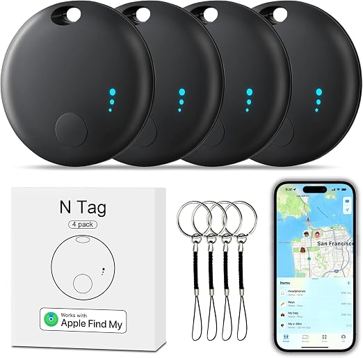 Tracker Tag 4 Packs Bluetooth Tracker, Smart Tag Locator Tracking Device, Keys Finder and Item Locator,Air Tracker Item Finders with Find My(iOS Only) Track Your Keys (Black, 4 Pack)