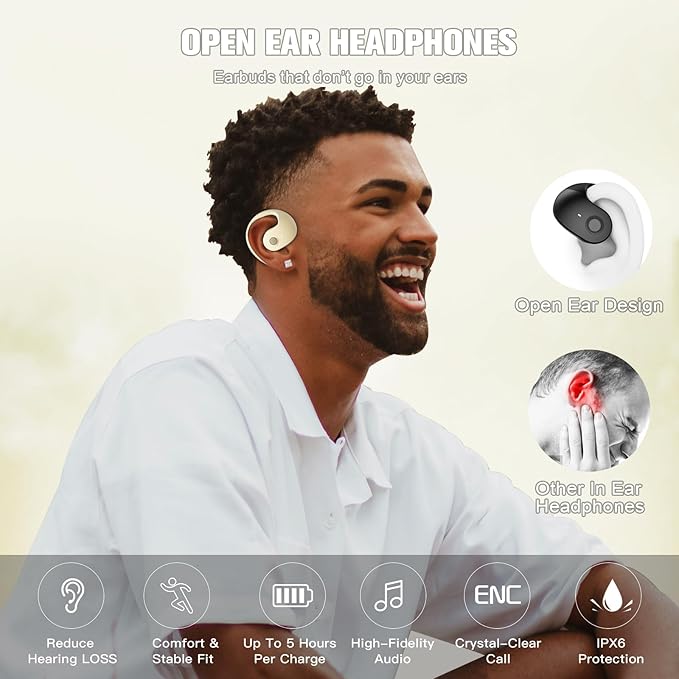 Out of Ear Open Ear Headphones Wireless Ear Hanging Bluetooth Headset, Air Bone Conduction Open Ear Earbuds, Skin Tone OWS Over the Ear Earbuds Open Ear Buds Not In Ear Outside the Ear Earphones