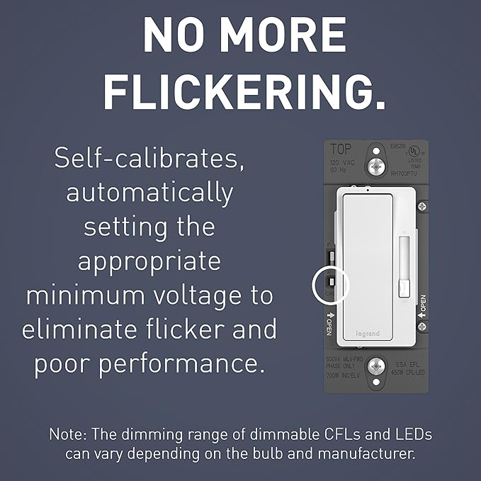 Legrand - Pass & Seymour Radiant Dimmer Light Switch, Single Pole Dimmer Switch with LED Locator, Interchangeable Faceplate White, Ivory, Light Almond, RH703PTUTCCCV4, 1 Count