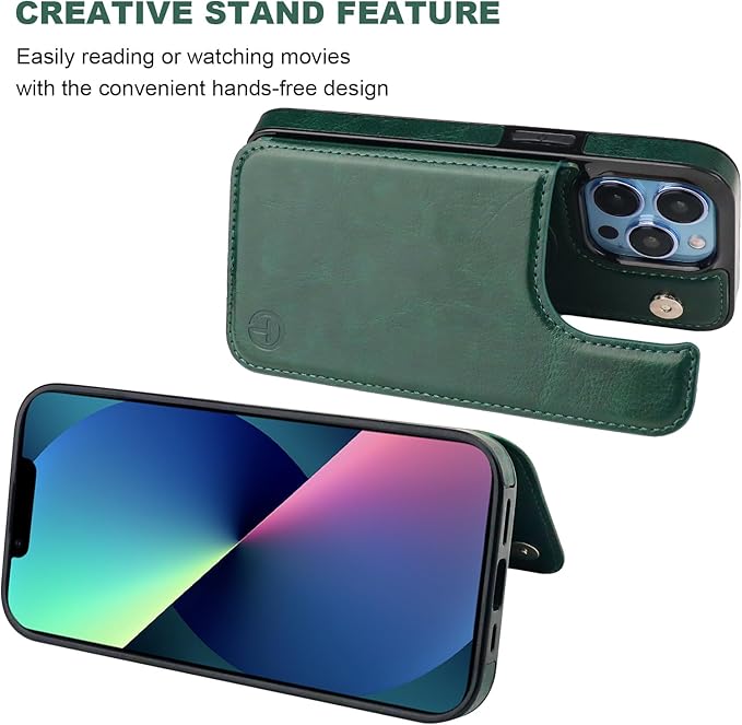 ONETOP Compatible with Magsafe for iPhone 13 Pro Wallet Case with Card Holder, PU Leather Kickstand RFID Blocking Case, Double Magnetic Clasp and Durable Shockproof Cover 6.1 Inch (Green)