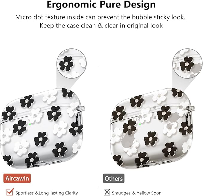 for Airpods Pro 3 Case Clear,Cute Black Floral Design for Airpods Pro 3 Case Cover,Shockproof Soft TPU Skin Accessories with Girly Flower Keychain&Cleaning Pen for Women Girls