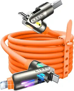 LISEN USB C to Lightning Cable, 240W 4 in 1 Charging Cable 6.6FT, Chubby USB A/C to C/Lightning with Light for iPhone Charger Fast Charging iPhone Air 17 16 15 14 Pro/MacBook/iPad, Orange - Image 1