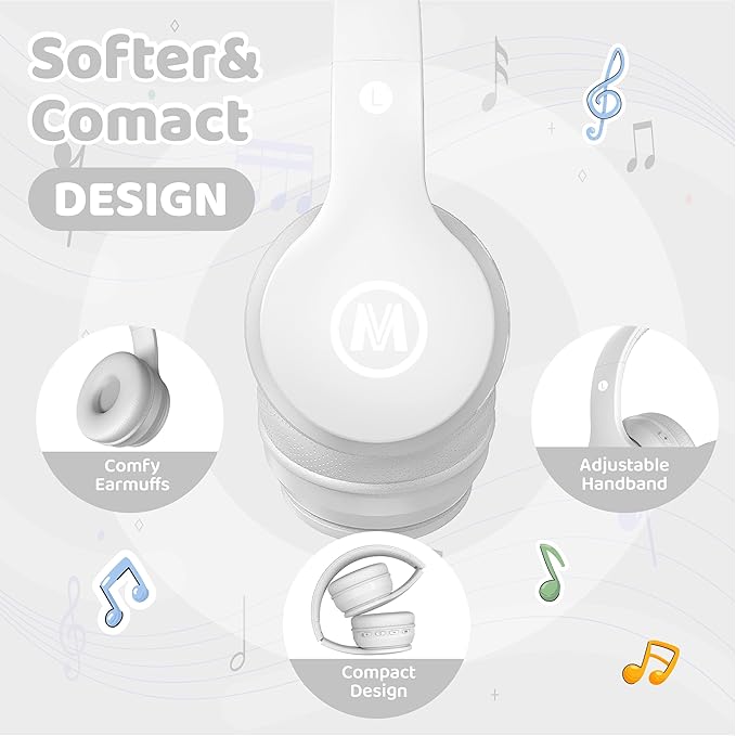 Headphones Kids Bluetooth 5.4 Wireless Play Time 68H Safe Volume Limit 85/94dB Over-Ear Foldable Headset,Fast Charging,with Aux Cord Built-in Mic for Toddler Child Pad Study Tablet White