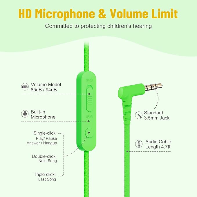 rockpapa Share 1 Kids Headphones Wired with Microphone & Share Port, 85dB/94dB Volume Limited, Cute Foldable Student Child Boys Girls Headphones for School/Travel Green/Yellow+Blue/Orange