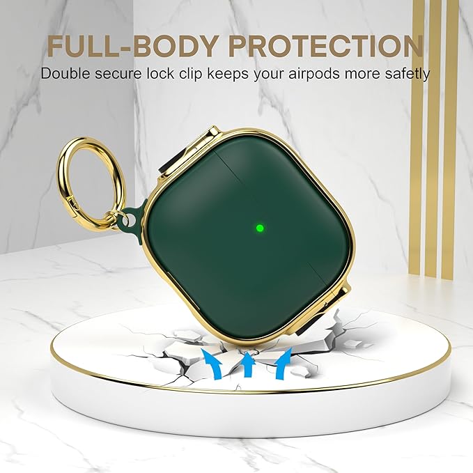Maxjoy for AirPods 4 Case with Lock, Cute AirPods 4 Case Lock Protective Hard AirPod 4 Generation Cover for Women Men with Keychain Clip for AirPod 4th Generation Cover 2024, Green/Gold