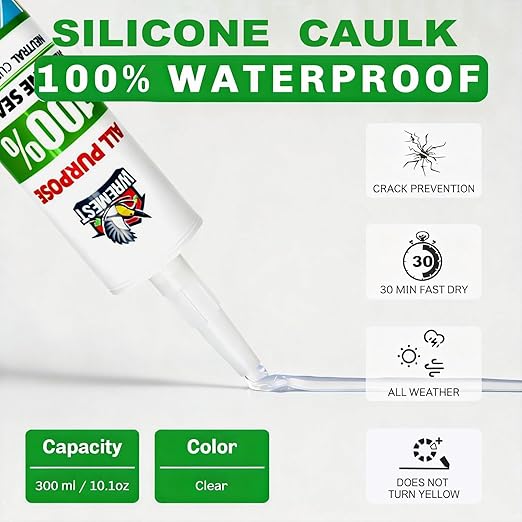 Silicone Caulk,10 fl oz Cartridge,12 Pack,Clear,100% Silicone Sealant Waterproof,Shrink & Crack Proof,Adhesive Sealant for Kitchen and Bathroom, Shower,Toilet, Sink, Window and Door