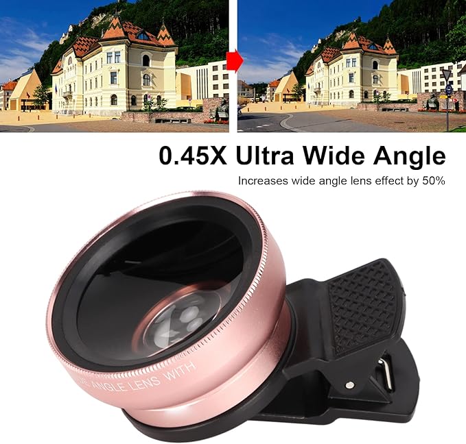 Phone Camera Lens, 2 in 1 Phone Lens Kit, 0.45X Ultra Wide Angle and 12.5X Macro Lens, with Travel Case, HD Professional Universal Clip Lens Kit for Most Smartphones, Tablets(Rose Gold)