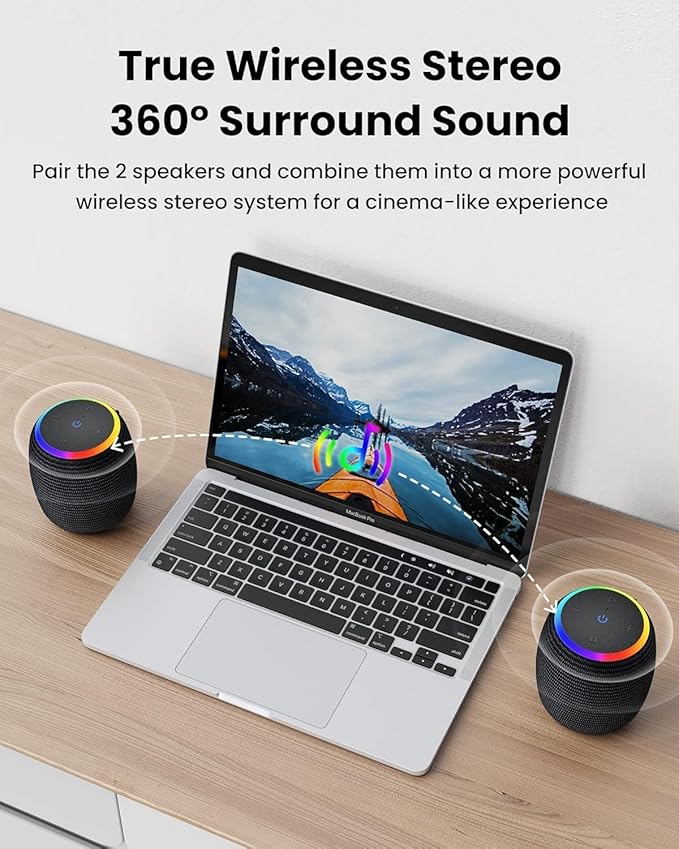 Bluetooth Speaker, Portable Wireless with 15W Stereo Sound, IPX6 Waterproof, Blue Tooth 5.3, LED Light, TWS Pairing, 12H Playtime Shower Speakers for Home Outdoor Party Beach(Gray)