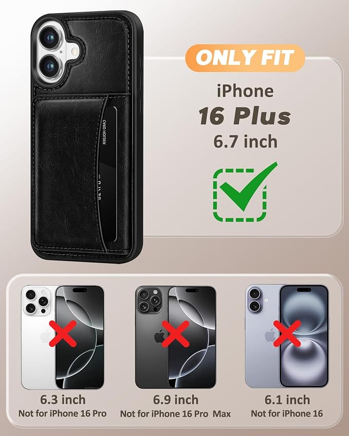 for iPhone 16 Plus Case with Wallet - Fits 4 Card Slots, Compatible with MagSafe for Women Men Aesthetic Durable PU Leather Credit Card Holder Kickstand Phone Cover for Apple 16 Plus, Black