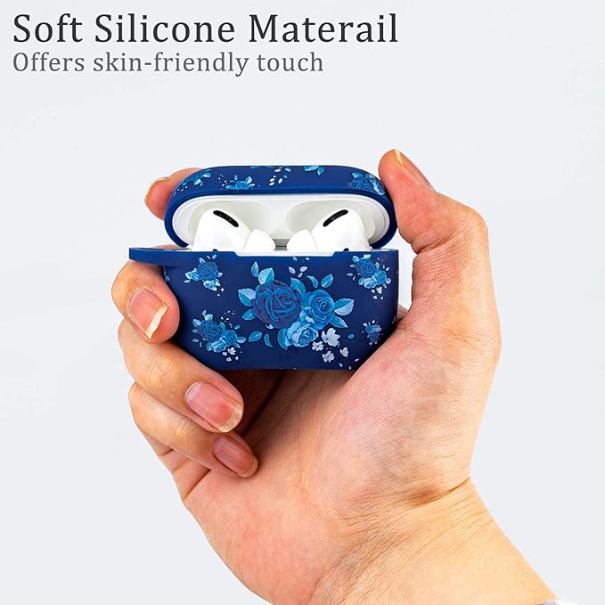 Flower Silicone Compatible with AirPods Pro 2 Case 2022/2023, Gawnock Soft Case Compatible with AirPods Pro 2nd Generation Print Women Girls with Keychain - Blue Flower