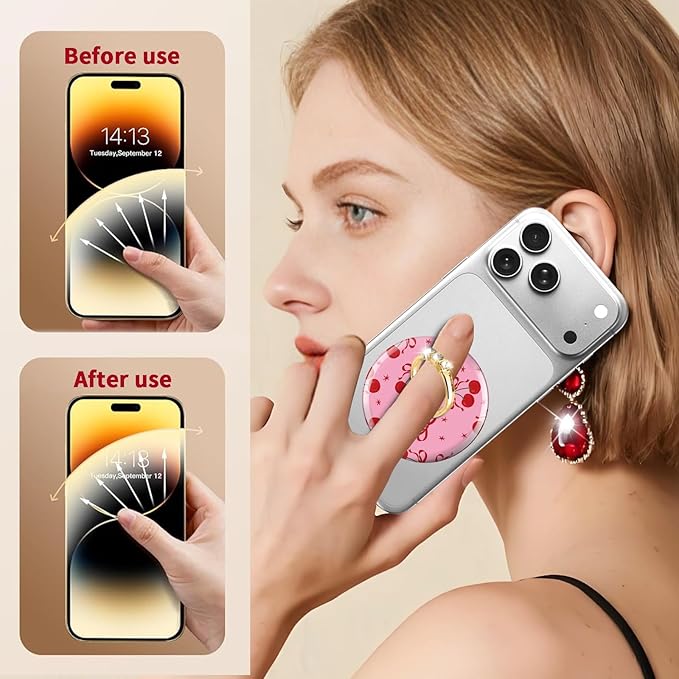 Magnetic Phone Ring Holder Compatible with MagSafe, Cute Phone Grip Stand with 360° Rotation Gold Glitter Finger Ring Kickstand Accessories for Most Phones Cute Bowtie Cherry