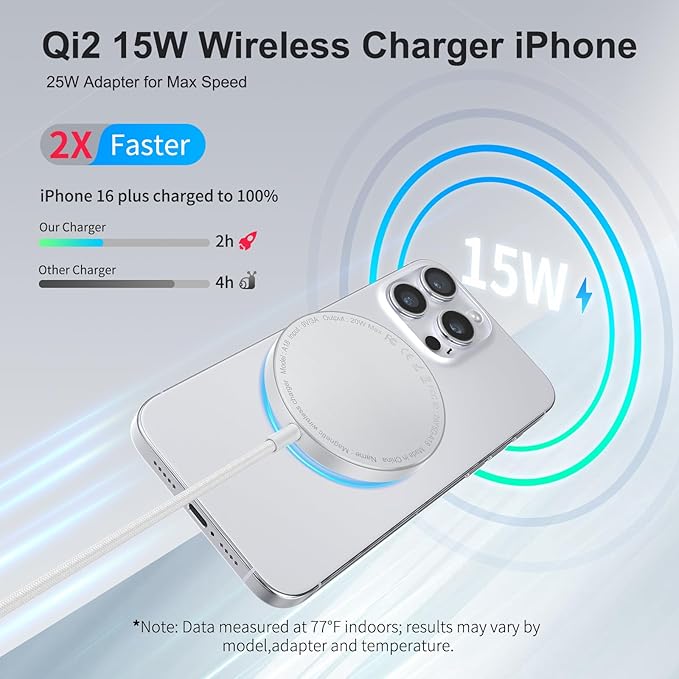 Wireless Charger- Qi2 Wireless Charger iPhone,15W iPhone Charger Pad, Magnetic Charger for iPhone 17/16/15/14/13/12 Series for Desk, Nightstand, Travel