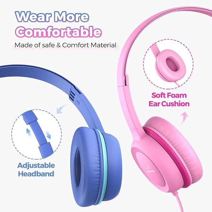 Kids Headphones with 85dB Volume Limit,On Ear Headphones,Adjustable and Flexible for Toddlers to Adults,Suit for School Classroom Students Teens Children