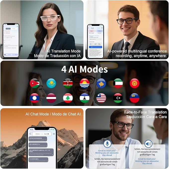 Smart Translation Glasses, Photochromic Lenses, Open-Ear Audio Design, Support 160+ Languages, Simultaneous Interpretation via APP, Bluetooth Glasses for Meeting, Traveling, Business(Black)