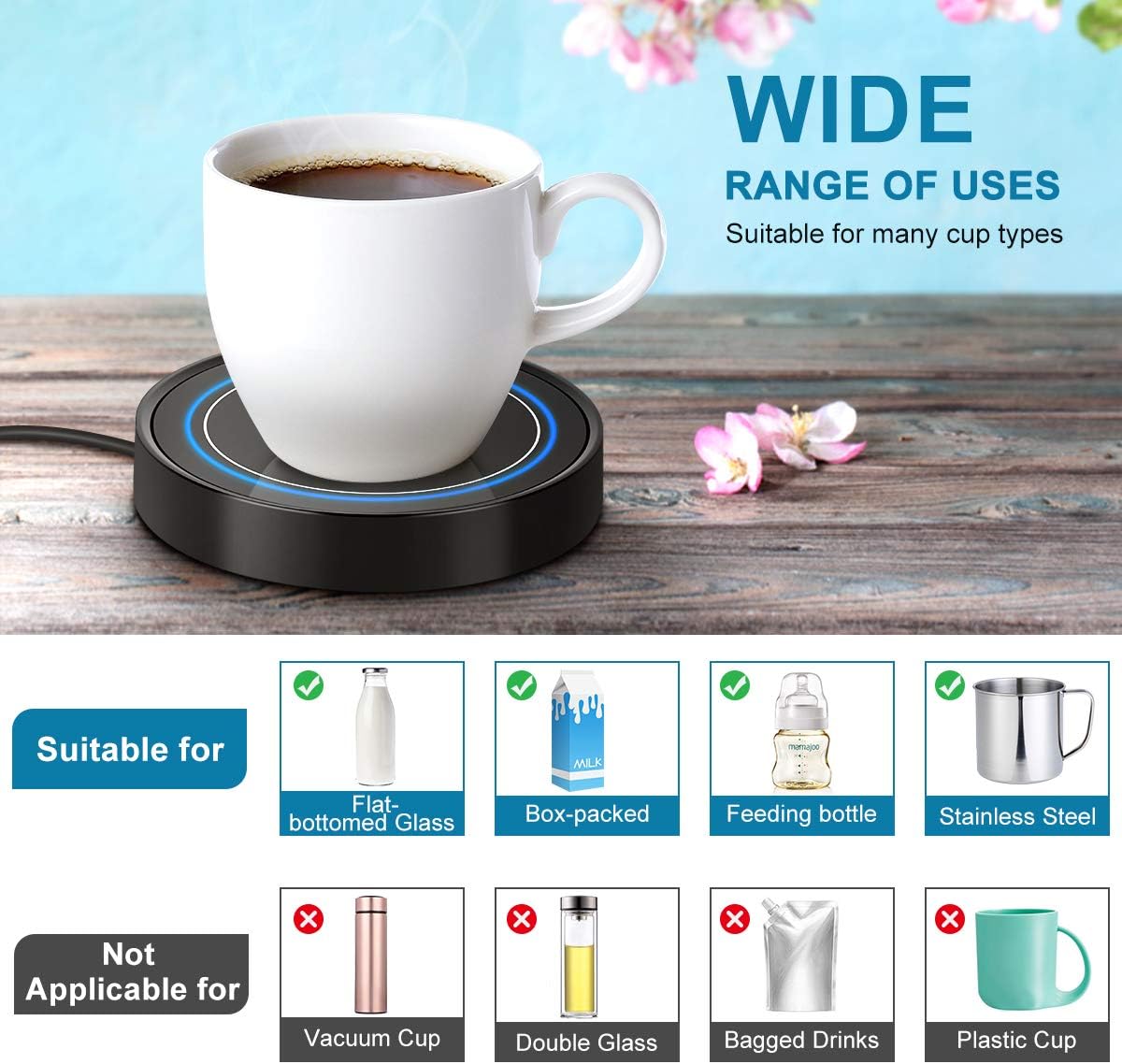 Smart Mug Warmer — Auto On/Off Gravity Switch, 131°F, Blue LED