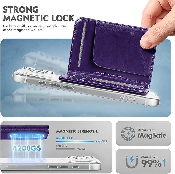 Antsturdy for Magsafe Wallet Stand with Holder,PU Leather RFID Blocking Card Holder,5 Card Slots,Strong Magnet Minimalist Flip Folio Kickstand for iPhone 17/16/15/14/13/12/Pro/Max/Plus/Air,Purple