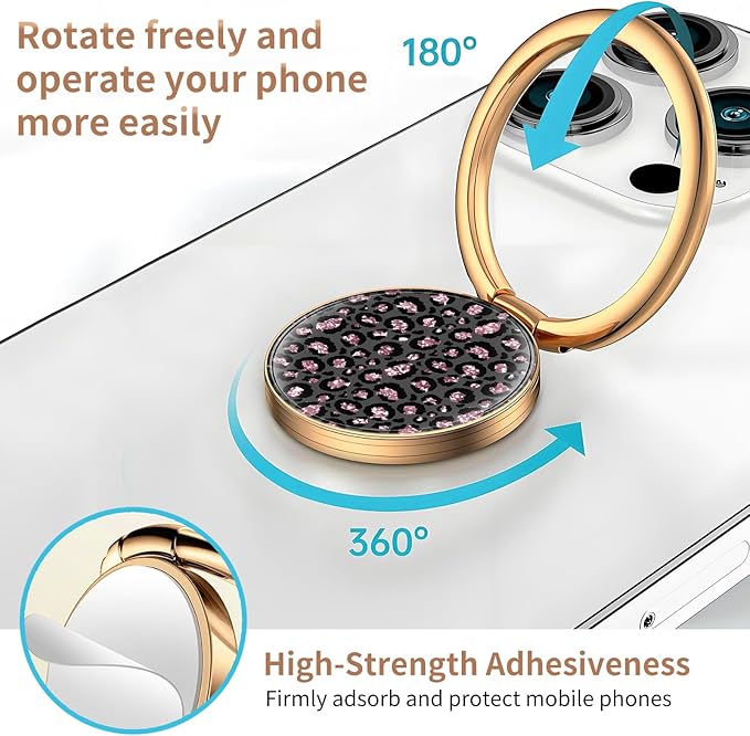 Cell Phone Ring Holder, Cute Metal Phone Grip Stand Finger Ring Kickstand, Flexible 360°Rotation Phone Tablet Case Accessories Compatible with Most Phones Gliiter Leopard