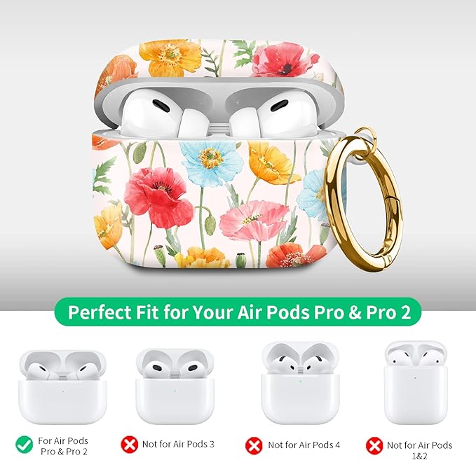 Compatible with Airpod pro 2nd/1st Generation Case Cover with Gold Round Keychain Cute Pattern Hard & Anti Slip Cover for Men Women & Girls（Blue Flowers）