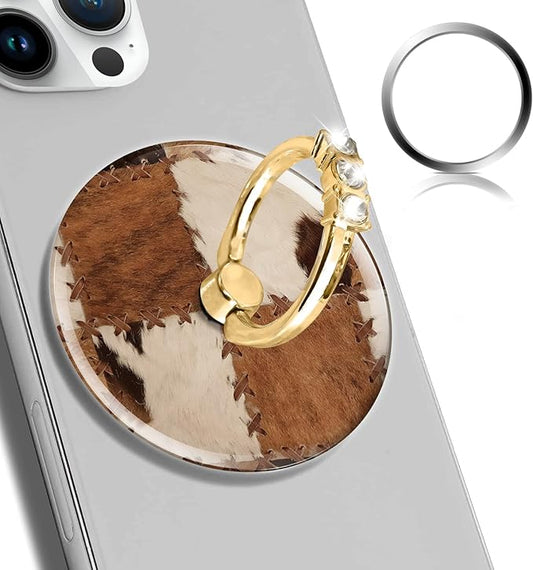 Magnetic Phone Ring Holder Compatible with MagSafe, Cute Phone Grip Stand with 360° Rotation Gold Glitter Finger Ring Kickstand Accessories for Most Phones Cute Plaid Cowhide