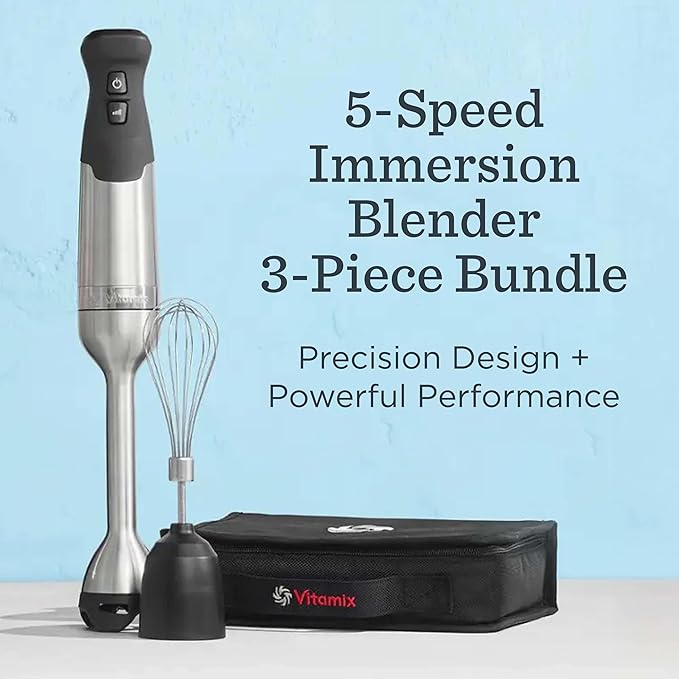 Vitamix 5-Speed Immersion Blender 3-Piece Bundle with Whisk Attachment and Storage Case, Professional-Grade Hand Blender with 625-Watt Motor and Stainless-Steel Blade, Stainless Steel/Black