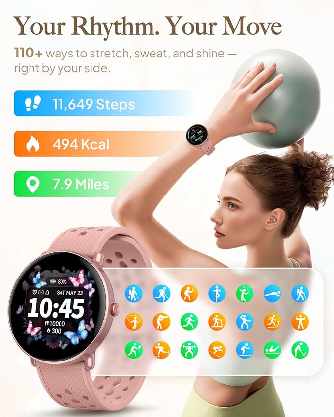 Smart Watch for Women Men, for Android iOS with Sleep & Calorie Monitor, Pedometer Fitness Tracker, Bluetooth Call, IP68 Waterproof, 112+ Sport Modes Round Face Smartwatch (Rose Taupe)
