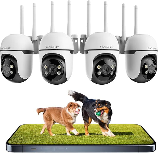 WiFi Security Cameras Wireless Outdoor, Plug- in Wired Security Camera Outdoor, 24/7 Recording, PTZ, 2.4Ghz WiFi Only, 2K HD Color Night Vision, Human Detction, No Monthly Fee, 2-Way Talk, 4 Packs