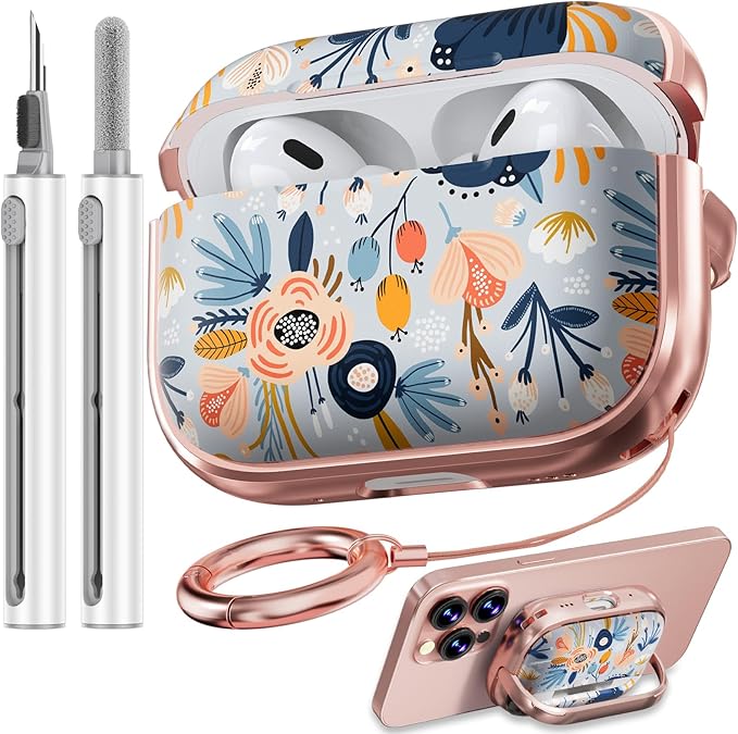 Inesore for AirPods Pro 2nd Generation Case Cover with Lock, Flowers Cute Air Pods Pro 2 Case Hard iPod Pro Cases for Women Girls with Cleaner Kit (2023 USB-C /2022/2019) -Blue Flower