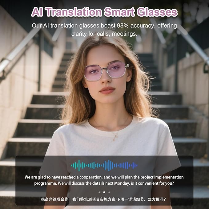 AI Translation Smart Glasses for Women, Powered by GPT, Recording/Real-Time Translation with 160+ Language, Photochromic Lenses, Multifunctional Bluetooth Glasses for Travel Meeting Business