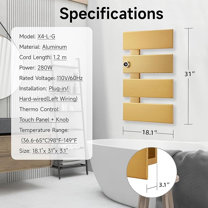 P&Bhusri Electric Heated Towel Rack, Gold Towel Warmer with Adjustable Temperature (98–149°F) and Timer (1-24h, On), Fast Heating and Drying for Bathroom, Memory & Remote Control Compatible