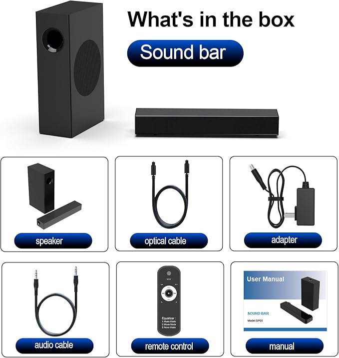 120W Sound Bar, 2.1 ch Surround Sound System for TV, Soundbar with Subwoofer for Home Theater, Sound Bar for Smart TV with 2 Mid high Frequency Speaker, TV/Gaming/Projectors, Wall Mountable