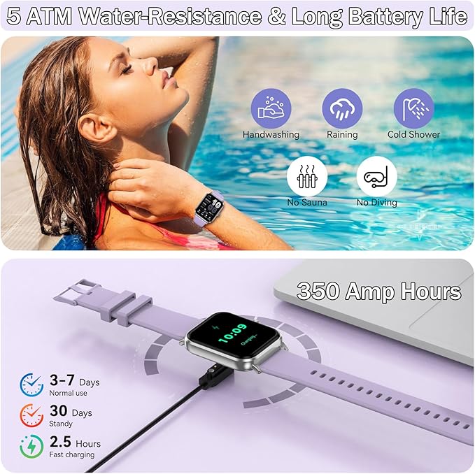 Smart Watch, 14-Day Battery Life,1.83" HD Touchsreen,130 Sports Modes, Bluetooth Call & Make Call, Health, Fitness & Sleep Tracker, Timer, 5 ATM Water-Resistance, Fitness Watch for Android/iOS, Purple