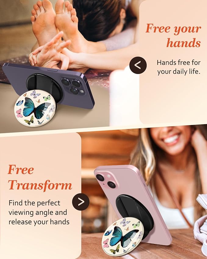 Kidcube Magnetic Phone Grip Compatible with Magsafe - Cell Phone Grip Stand Ring Holder Magnet Kickstand Removable Accessories for iPhone 16 Pro Max/16/15/14/13/12 Series Girls Cute Girly Butterfly
