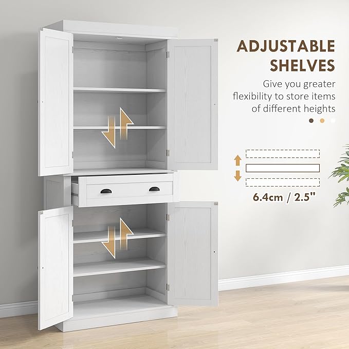 HOMCOM 72.5" Kitchen Pantry Cabinet, Traditional Freestanding Storage Cabinet with 4 Doors, Drawer and 3 Adjustable Shelves for Dining Room, White Wood Grain