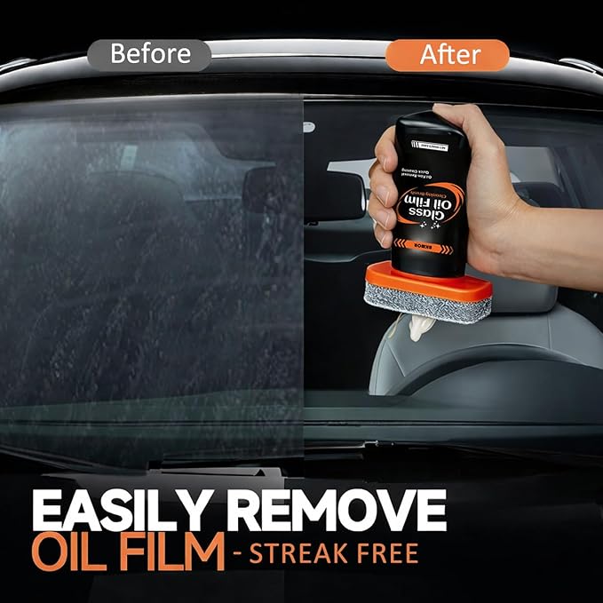 Glass Cleaner Oil Film Remover, Car Windshiled Cleaning Tool -100ml Glass Emulsion Cleaner with Scrub Pad, Removes Grease Smudges Water Spots, Restores Clarity for Rain & Fog Driving