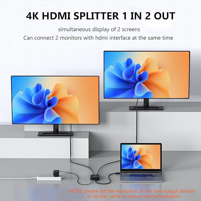 4K 1x2 HDMI Splitter1 in 2 Out, 2 Port Powered hdmi Splitters 4K@30Hz Dual Monitors Duplicate/Mirror (Not Extend) for PS4 /HDTV/Projector
