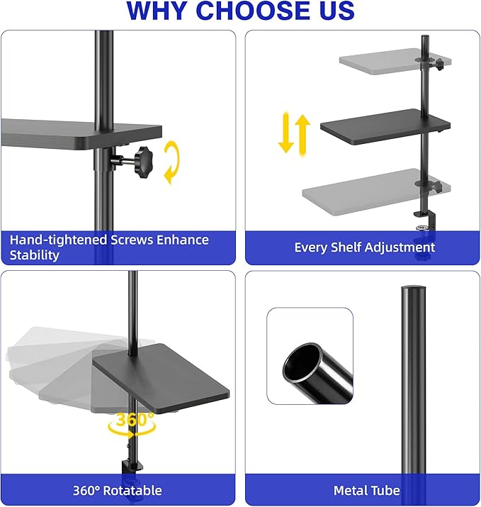 3 Tiers Clamp On Desk Shelf, 360¡ã Angle Adjustable Desktop Shelf Organizer for Home Office Gaming Room, No Drill Desk Extender Adapt to 0.4-2.16 inches Table Thick, Black Brown