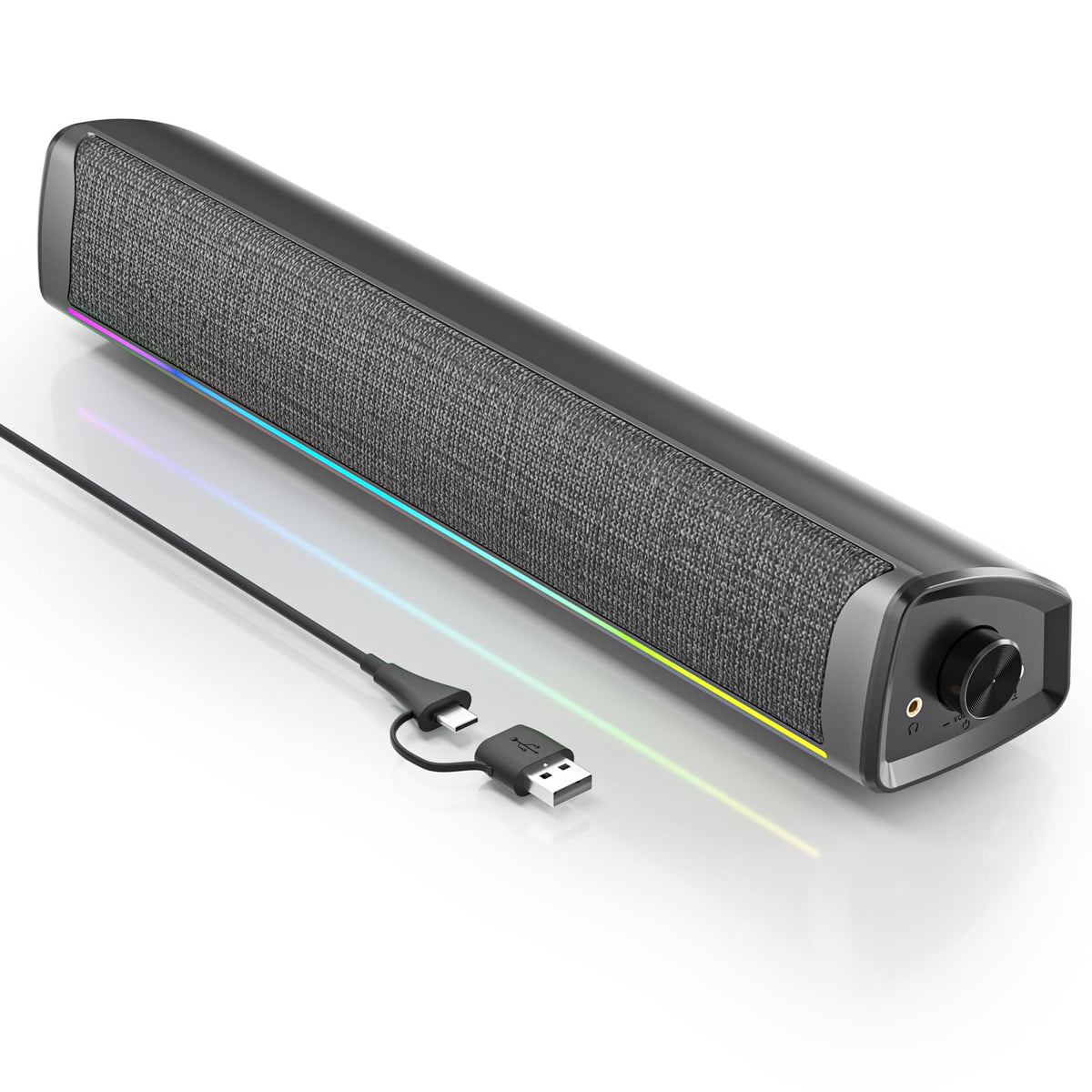 Computer Speakers for Desktop PC, Gaming Soundbar with 4 Drivers, 12 RGB Lighting Modes, USB/USB-C Powered PC Speakers, Plug & Play Monitor Sound Bar with Mic & Headphone Jack for Laptop, PC, Black