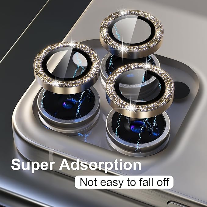 Misea Compatible for iPhone 15 Pro/iPhone 15 Pro Max Camera Lens Protector Bling, 9H Tempered Glass Camera Cover Screen Protector Metal Individual Ring Protector Decoration Accessories, Gold Glitter