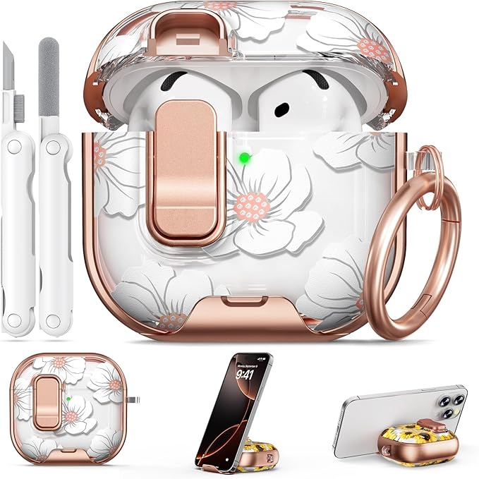 for AirPods 4 Case, with Safty Lock & Phone Stand for Floral AirPods 4th Generation Case Cover for Women Girly, iPod 4 Case with Keychain & Cleaner Kit -White Lily