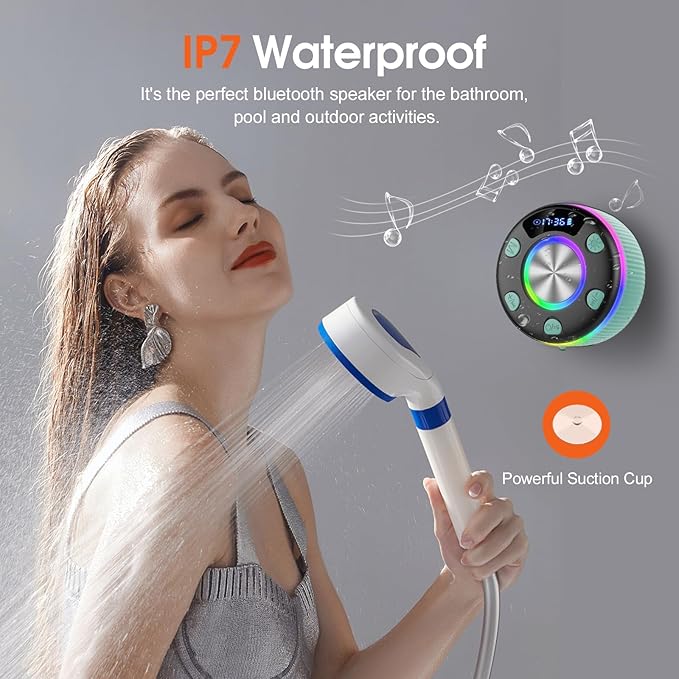 Bluetooth Shower Speaker, Portable Bluetooth 5.3 Speakers Wireless with Time Display, IP7 Waterproof Speakers with RGB Light, Suction Cup, Mini Stereo Speaker for Bathroom Party Beach Outdoor, Green