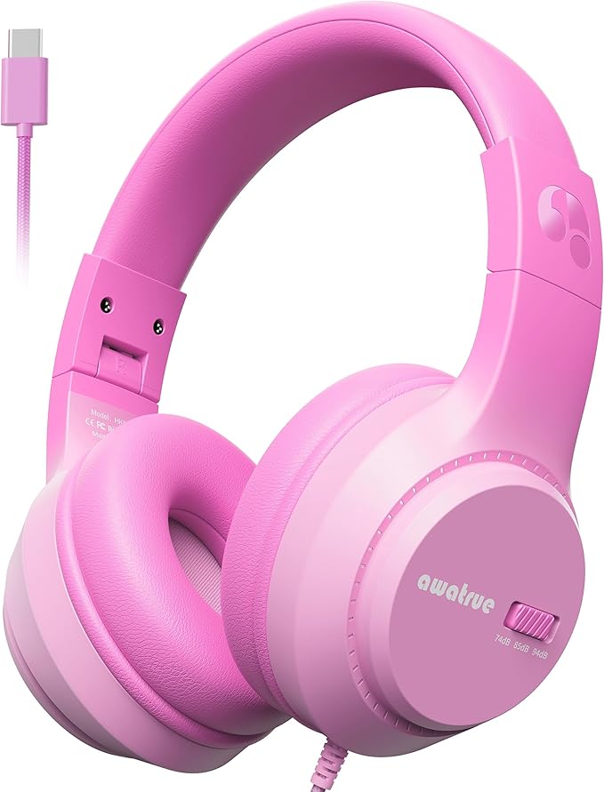 USB-C Kids Headphones, 74/85/94dB Volume Limiter, Foldable Wired Over Ear Headphones for Travel, Toddler Headphones for School, Travel, iPad, Tablet, Pink Gradient