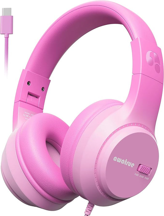 USB-C Kids Headphones, 74/85/94dB Volume Limiter, Foldable Wired Over Ear Headphones for Travel, Toddler Headphones for School, Travel, iPad, Tablet, Pink Gradient