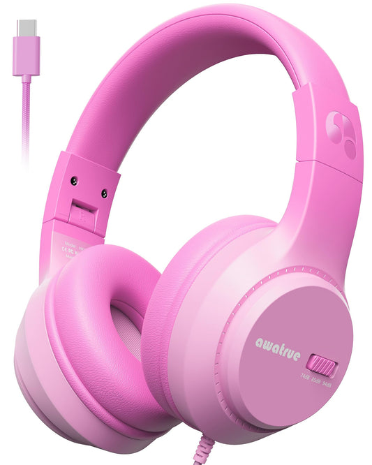 USB-C Kids Headphones, 74/85/94dB Volume Limiter, Foldable Wired Over Ear Headphones for Travel, Toddler Headphones for School, Travel, iPad, Tablet, Pink Gradient