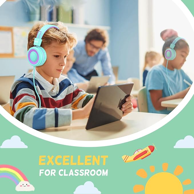 USB Type C Kids Headphones for School, Wired Toddler Headphones, 94dB Volume Limited, HD Stereo Sound, Foldable Lightweight On-Ear Wired Headphones for Kids/Children/Teens/Boys (Purple Green)